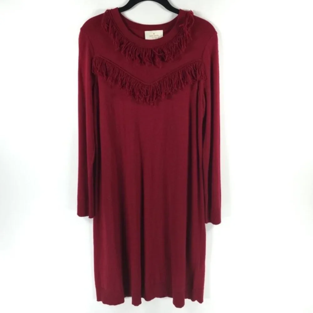 NWT Kate Spade New York WOOL Blend Russet Red Fringe Sweater Dress NJMU9336 Sz S